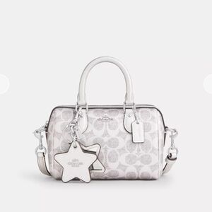 Coach Boxed Mini Rowan And Mirror Bag Charm Set In Signature Silver Canvas